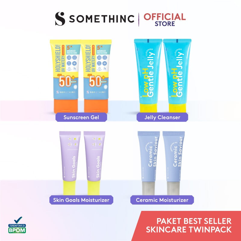 SOMETHINC [TWINPACK HEMAT] Best Seller Product Twin Pack Kit - Holyshield Sunscreen Gel, Low pH Gentle Jelly Cleanser, Skin Goals Moisturizer, Niacinamide Sabi Beet Serum, Ceramic Skin Saviour, Resurrect Serum)