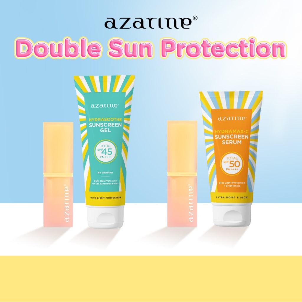 Azarine Double Sun Protection [2 PCS] Glowkiss Sunscreen Lipbalm + Sunscreen Pelembab Bibir SPF 35 PA +++ dengan Ceramide, Peptide, Vitamin C Membantu Mencerahkan Menghidrasi dan Melindungi Bibir dari Sinar UV