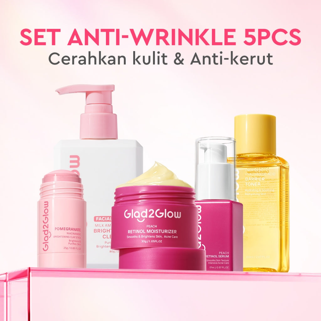 Glad2Glow bundle 5in1 paket Skincare- Moisturizer+Serum+Cleanser+Toner+ Clay Stick- Face Wash  Glowing Kit Dark Spot Acne Kit Mencerahkan warna kulit Menghilangkan jerawat Anti penuaan Mencerahkan bintik hitam Beauty Sets & Packages g2glow official store