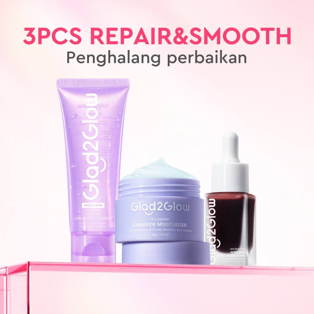 Glad2Glow bundle 3in1 paket Skincare- Moisturizer+Serum+Cleanser- Face Wash Glowing Kit Dark Spot Acne Kit Mencerahkan warna kulit Menghilangkan jerawat Anti penuaan kulit halus Mencerahkan bintik hitam Beauty Sets & Packages glad2glow official store