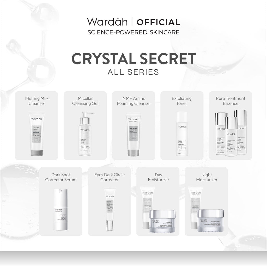 WARDAH Crystal Secret Series Lengkap - Milk Cleanser, Micellar Cleansing Gel, Foaming Cleanser, Exfoliating Toner, Pure Treatment Essence, Serum, Dark Spot Corrector, Day Moisturizer, Night Moisturizer, Refreshing Day Gel, Radiance Serum Mask - Skincare