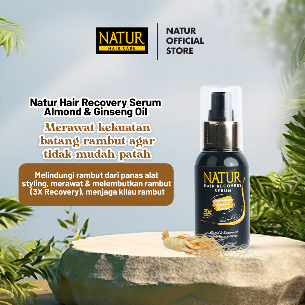 Natur Hair Recovery Serum Almond & Ginseng Oil 60 ml - Paket Menguatkan Akar Rambut Rontok / Anti Hair Fall