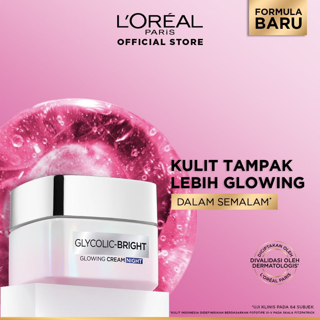 L'Oreal Paris Glycolic Bright Glowing Night Cream - 15/30ml (Skin Brightening Krim Malam  Pelembab Loreal Glyco Acid AHA Exfoliating Anti Dark Spot Wajah Peeling Muka)