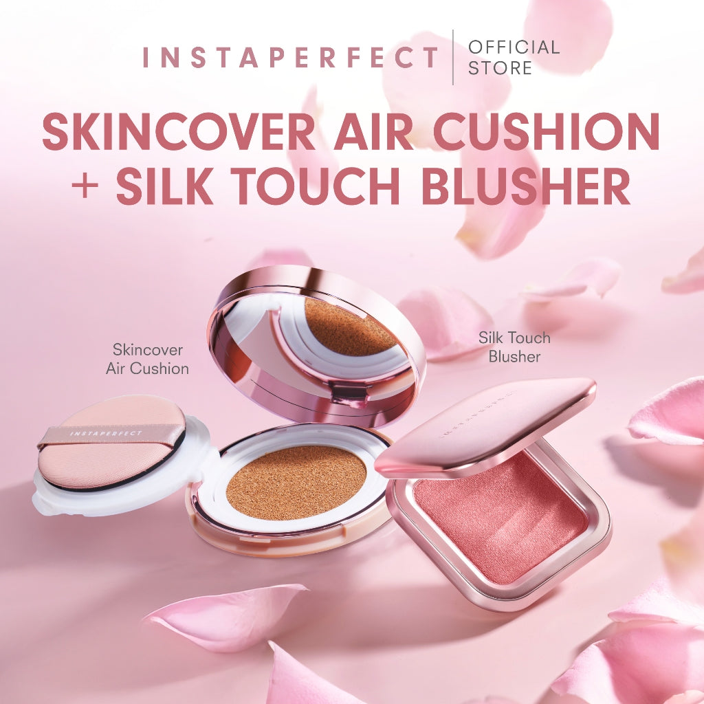 Instaperfect Base & Blush Daily Set- Skincover Air Cushion & Silk Touch Radiance Blusher- Bundle Make Up Semi Matte Finish Full Coverage