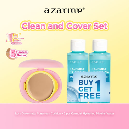 Azarine Clean and Cover Set [2 PCS] Covermatte Cushion + Calmoist Micellar Water Pembersih Wajah Daily Make Up Untuk Semua Jenis Kulit dengan PENTAVITIN™ Make Up Remover + Cushion Tahan Lama Flawless Matte Finish Lightweight Makeup Easy Application Builda