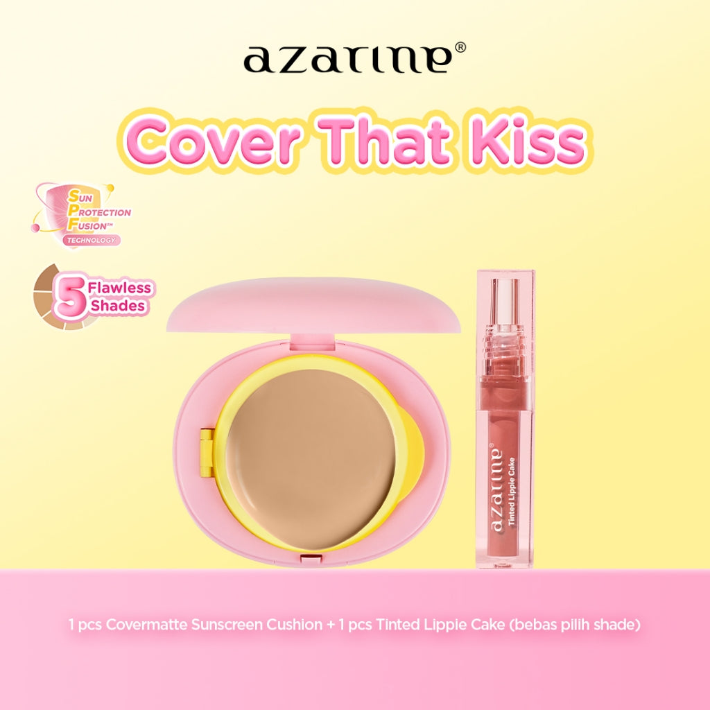 Azarine Cover That Kiss Set [2 PCS] Covermatte Cushion + Tinted Lippie Cake Liptint Longlasting Hydrating Extra Moisturizing Cushion Tahan Lama Flawless Matte Finish Lightweight Makeup Easy Application Buildable Coverage