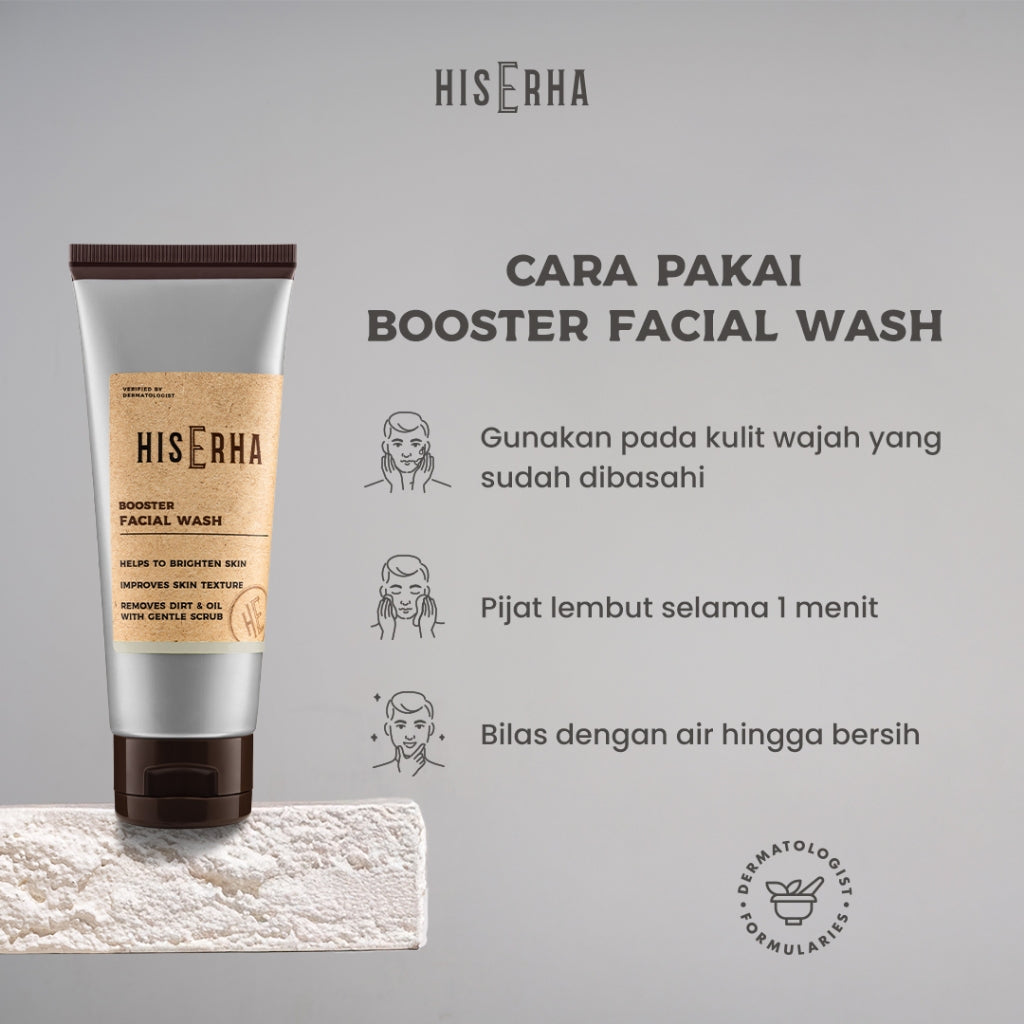 HIS ERHA Brightening Booster Facial Wash 100G - Sabun Cuci Muka Pria untuk Mencerahkan wajah, Angkat Kulit Kusam, Lembap, Tanpa Rasa Ketarik, Tanpa Iritasi, Wangi Segar Maskulin, Verified by Dermatologist, 4% Niacinamide & Sferis Gentle Scrub