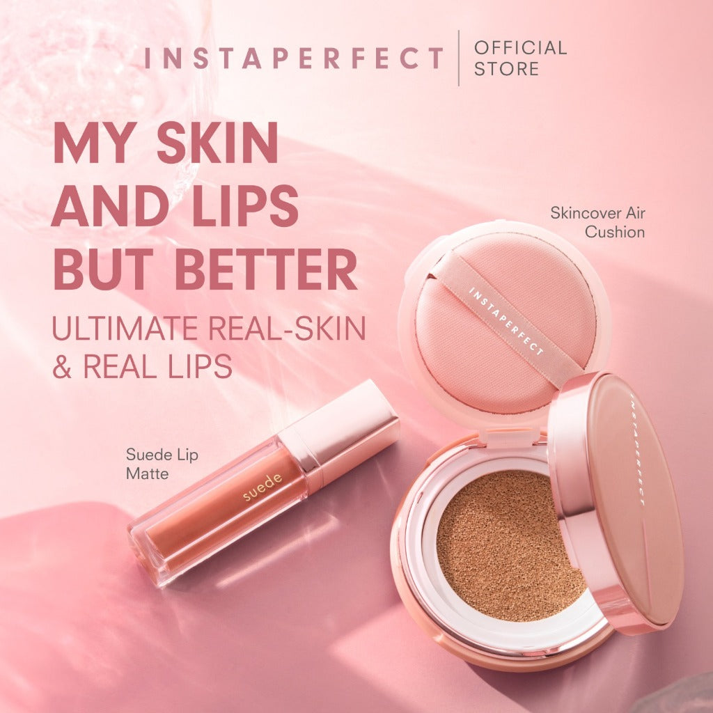 My Skin and Lips But Better Bundle Instaperfect Skincover Air Cushion + Suede Lip Matte- MLBB Nude Lip Cream, Cover Blurry, Transfer Resistant- Semi Matte Finish Cushion- Paket Make Up