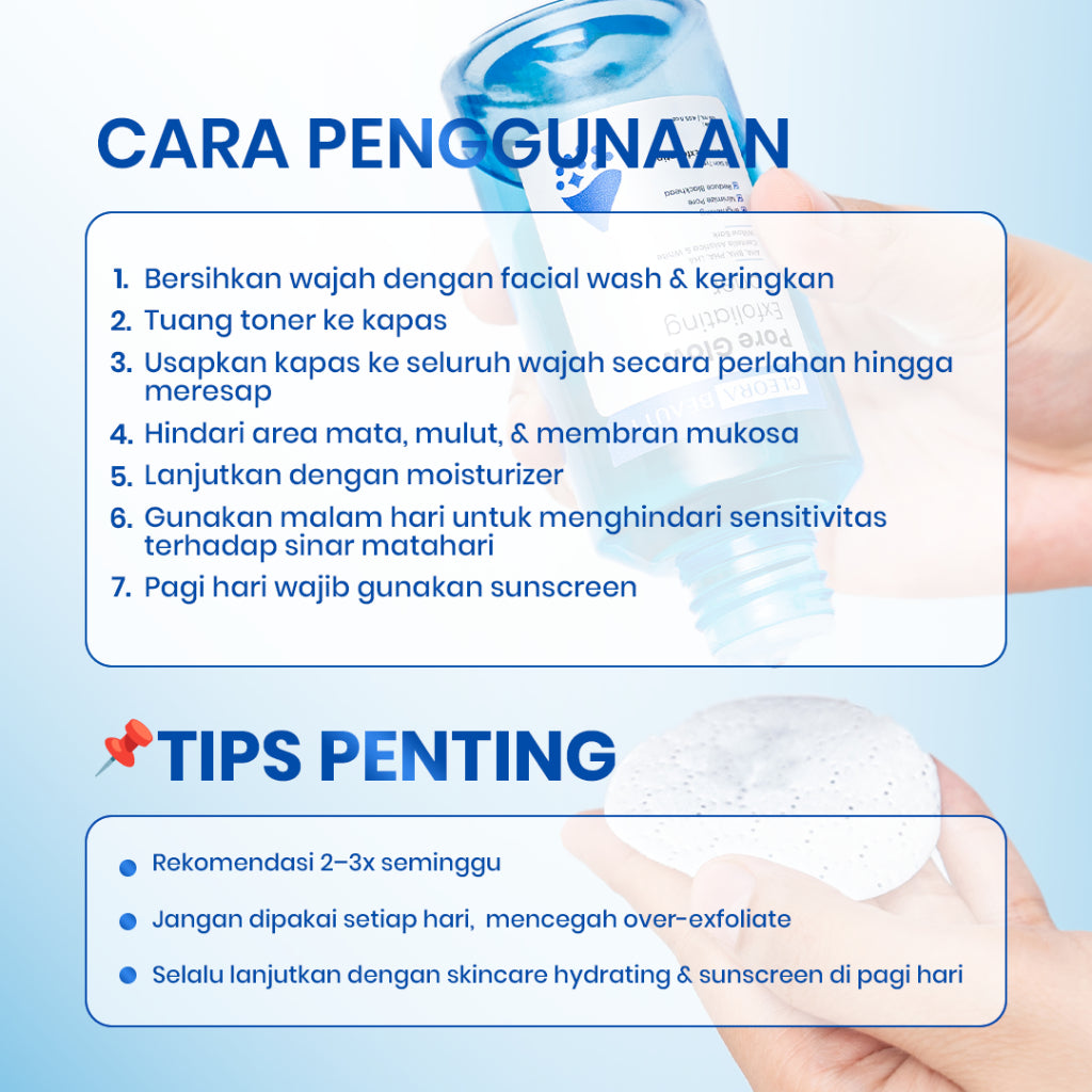 [HOT SALE] Cleora Pore Glow Exfoliating Toner 120ml - Skincare Pemutih Wajah Meratakan Warna Kulit Mengangkat Kotoran & Sel Kulit Mati Mencerahkan Brightening Mengurangi Komedo Dan Jerawat Acne Scincare Pria Wanita Toner Exfoliasi Eksfoliasi Dark Spot