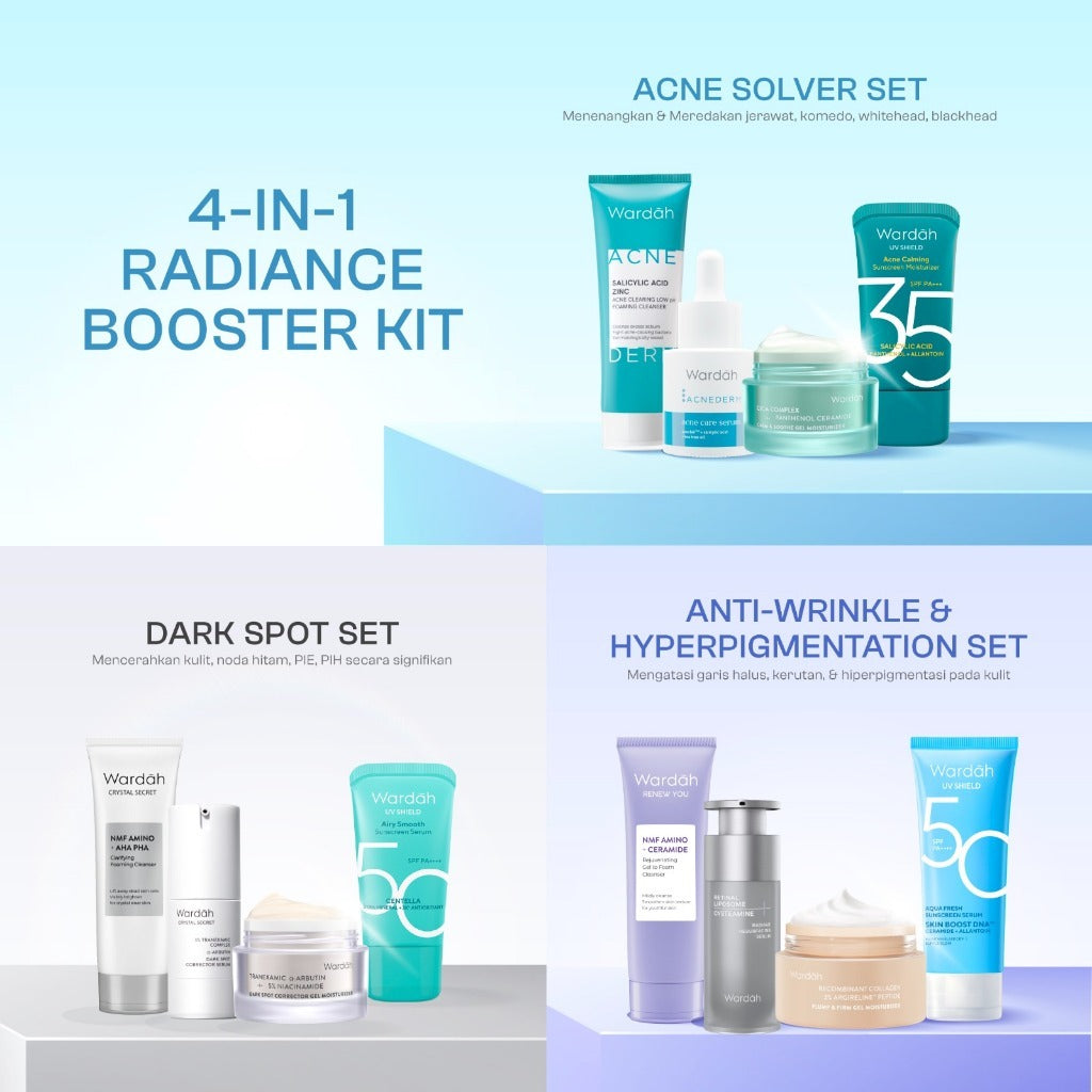Wardah Paket 4 pcs Skincare Solusi Masalah Kulit - Face Wash, Moisturizer, Serum, & Sunscreen (Acnederm, Cica, Panthenol, UV Shield, Amino Facial Wash, Airy, Crystal Secret, Lightening, Day Cream) - Skincare