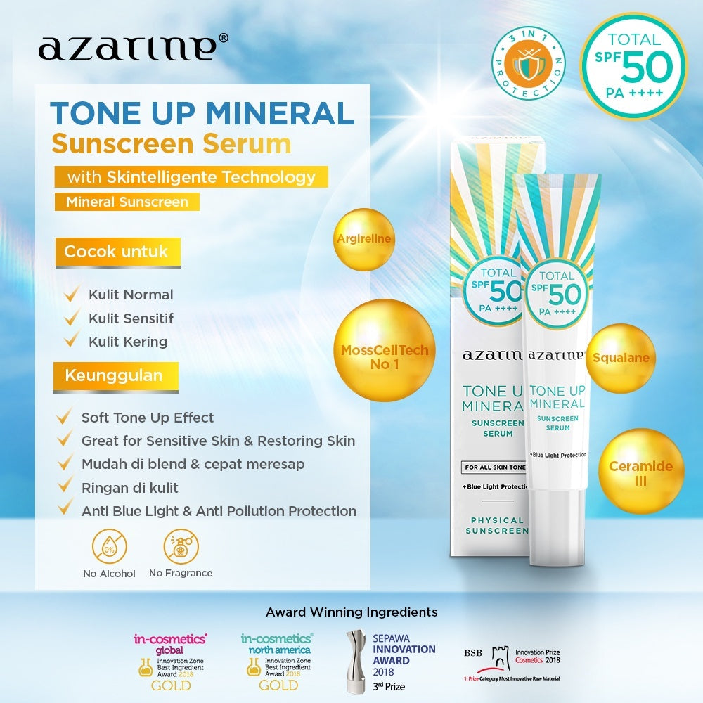 Azarine Tone Up Mineral Sunscreen Serum SPF50 PA++++ 27ml [LOLOS UJI INVIVO INVITRO] Sunscreen Mencerahkan semua jenis kulit