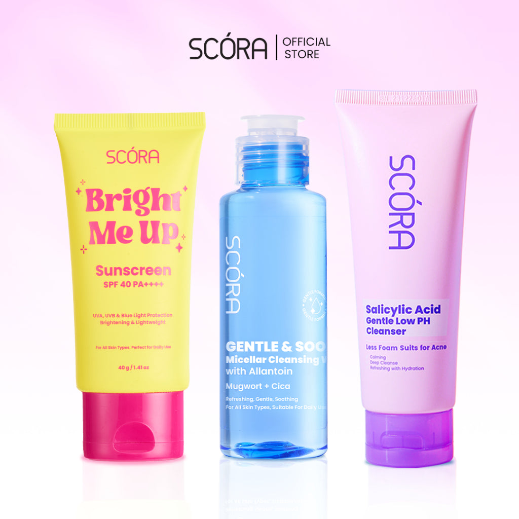 SCORA Bright Me Up Sunscreen 40 Gr + SCORA Gentle and Soothe Micellar Cleansing Water 100ML + SCORA Gentle Low pH Cleanser 100ml