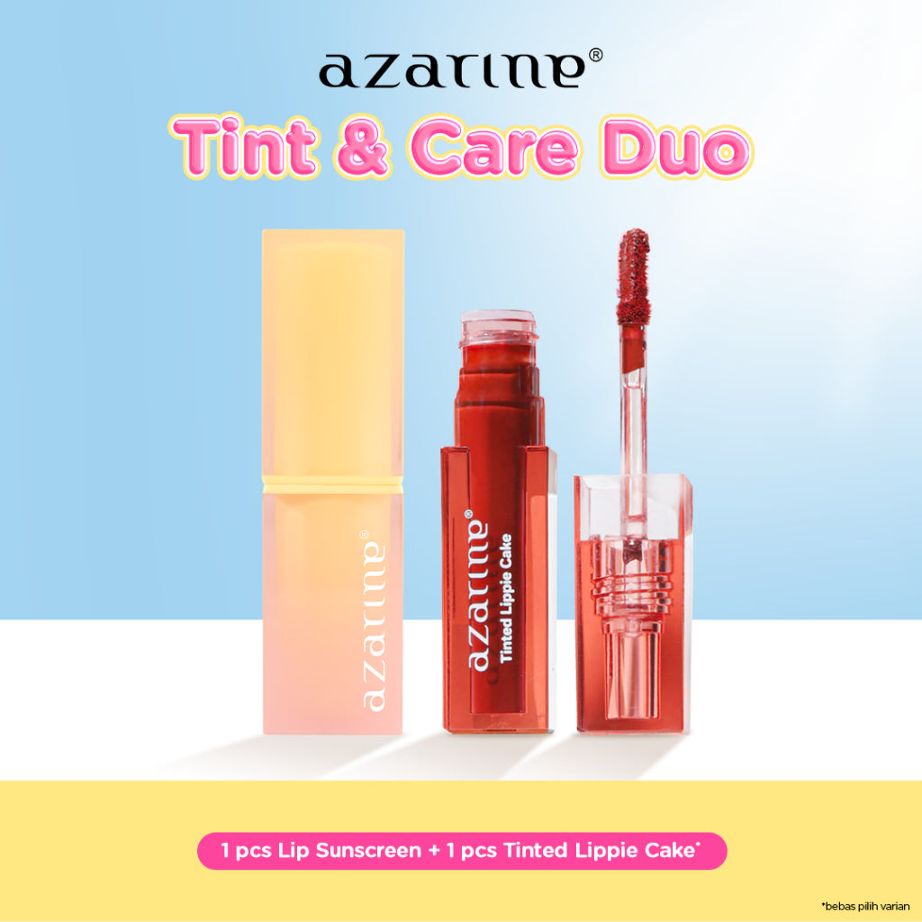 Azarine Tint & Care Duo [2 PCS] Glowkiss Sunscreen Lip Balm + Tinted Lippie Cake Pelembab Bibir SPF 35 PA +++ dengan Ceramide, Peptide, Vitamin C Membantu Mencerahkan Menghidrasi dan Melindungi Bibir dari Sinar UV