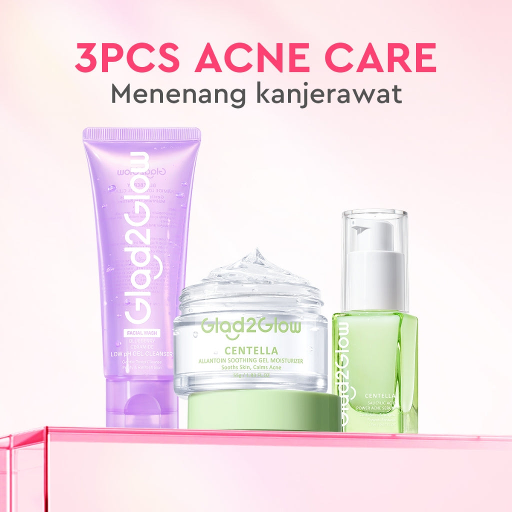 Glad2Glow bundle 3in1 paket Skincare- Moisturizer+Serum+Cleanser- Face Wash Glowing Kit Dark Spot Acne Kit Mencerahkan warna kulit Menghilangkan jerawat Anti penuaan kulit halus Mencerahkan bintik hitam Beauty Sets & Packages glad2glow official store