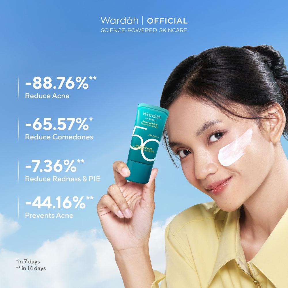 WARDAH UV Shield Acne Calming Sunscreen Serum SPF 50 PA 25ml 40 ml 100ml Sunscreen Wajah Meredakan Jerawat Ringan Mudah Meresap Calming and Repair Boosting Skincare