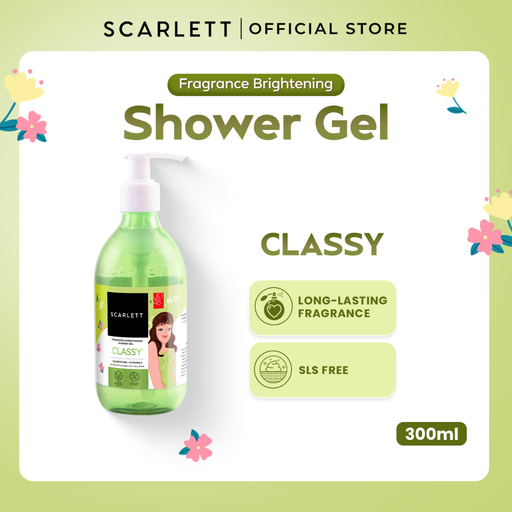SCARLETT Fragrance Brightening Shower Gel 300ml | Body Wash Sabun Mandi Cair | Melembutkan Menutrisi Melembabkan Mencerahkan Kulit, Kulit Cerah Halus dengan Wangi Mewah