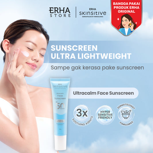 Skinsitive Ultracalm Face Sunscreen SPF 50 PA++++ | Hybrid Sunscreen, Cocok untuk Semua Jenis Kulit (Normal - Sensitif) | 3x Soothing Agents, Hydrating Agents, Ceramide | Cepat Menyerap, No White Cast, Tidak Lengket | Sunscreen Aman Untuk Keluarga