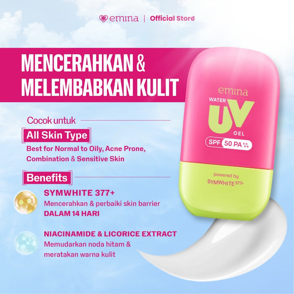 [SPECIAL 11.11] NEW! Emina UV Gel Sunscreen SPF 50 PA++++ Series - Sunscreen Wajah, Sunscreen Gel, Melindungi dari Sinar UV, No Whitecast, No Comedogenic, Cepat Menyerap, Lembut, Mencerahkan, Melembapkan, Mengandung Symwhite 377+, Cica, Oat, Cocok Untuk S