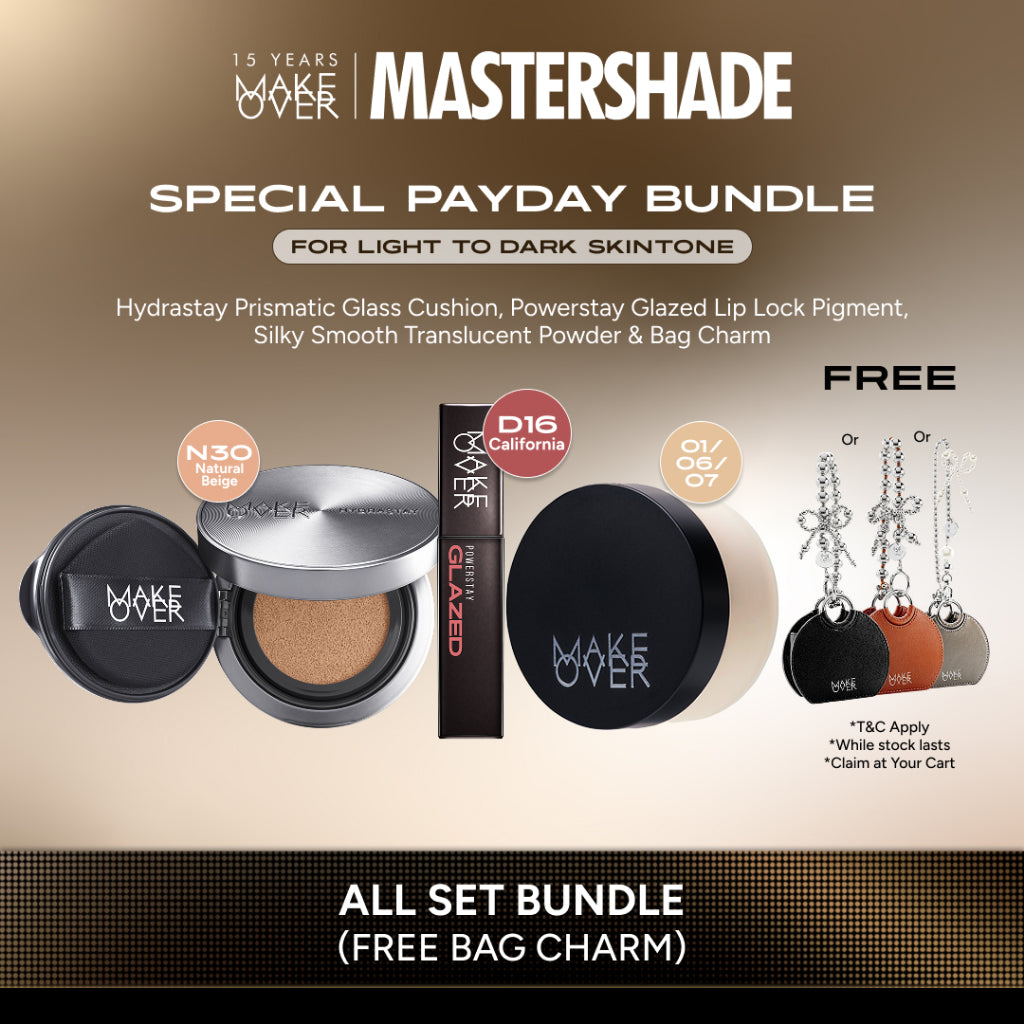 [SPECIAL PAYDAY | FREE BAG CHARM] All Set Bundle: Powerstay Sync Matte Cushion/Hydrastay Prismatic Glass Cushion + Silky Smooth Translucent Powder + Powerstay Glazed Lip Lock Pigment (FREE BAG CHARM HOJ SILVER/BROWN/BLACK)