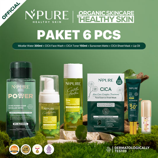 BUNDLE 6PCS - NPURE Micellar Water 300ml + Cica Facial Wash 100ml + Cica Toner 150ml + Cica Sheet Mask + Sunscreen Matte + Lip Glow Oil Rose Pink / paket kecantikan / skincare harian