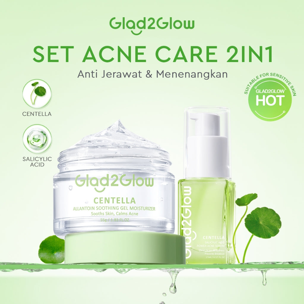 Glad2Glow Acne bundle 2in1 paket Skincare-Moisturizer+Serum+Cleanser+Toner+Skincare Set Beauty Sets & Packages Menghilangkan jerawat  Menenangkan kemerahan pada kulit Atur Minyak BerlebihMerawat Kulit g2glow official store