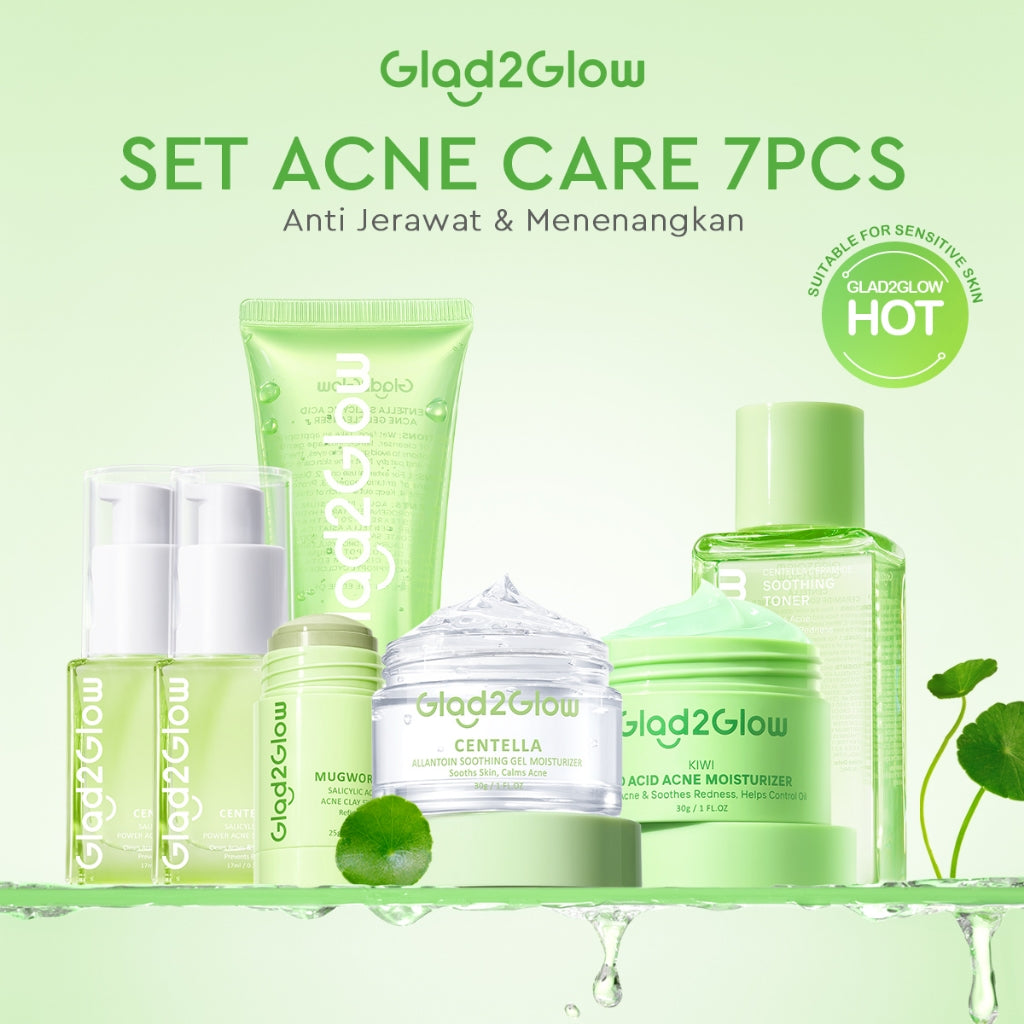 [ORDER NOW, HEMAT 50K]Glad2Glow Acne Jerawat Bundle 7in1 paket Centella madeca cream-Moisturizer+Serum+Cleanser+Toner+Clay Stick+Gel Skincare  Mask Menghilangkan Menenangkan kemerahan pada kulit Atur Minyak BerlebihMerawat Kulit g2glow official store