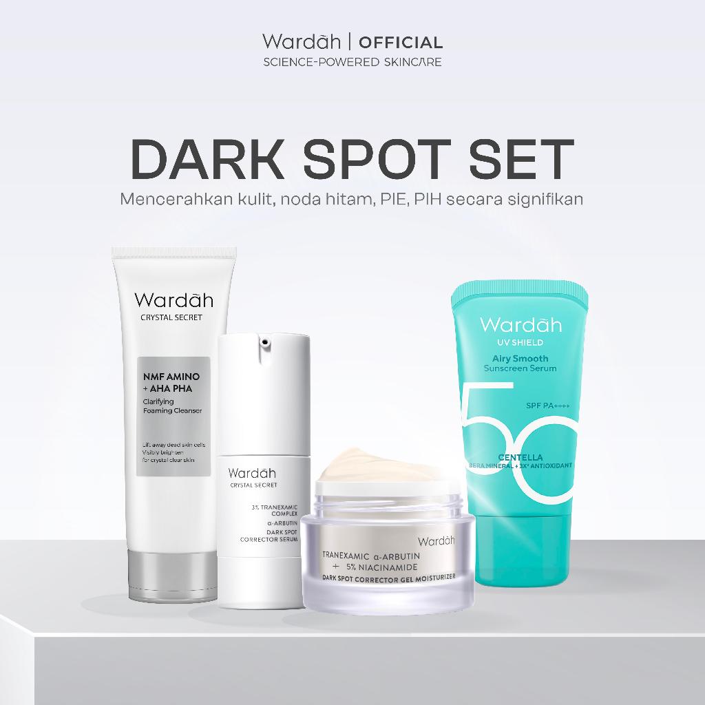 Wardah Paket 4 pcs Skincare Solusi Masalah Kulit - Face Wash, Moisturizer, Serum, & Sunscreen (Acnederm, Cica, Panthenol, UV Shield, Amino Facial Wash, Airy, Crystal Secret, Lightening, Day Cream) - Skincare