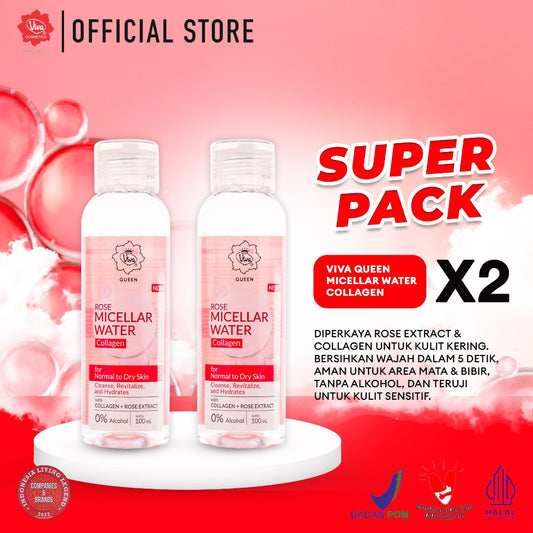 [Super Pack!!!] Viva Queen Micellar Rose Water with ROSE EXTRACT, COLLAGEN, NO PERFUME & ALCOHOL FREE - Isi 2 pcs
