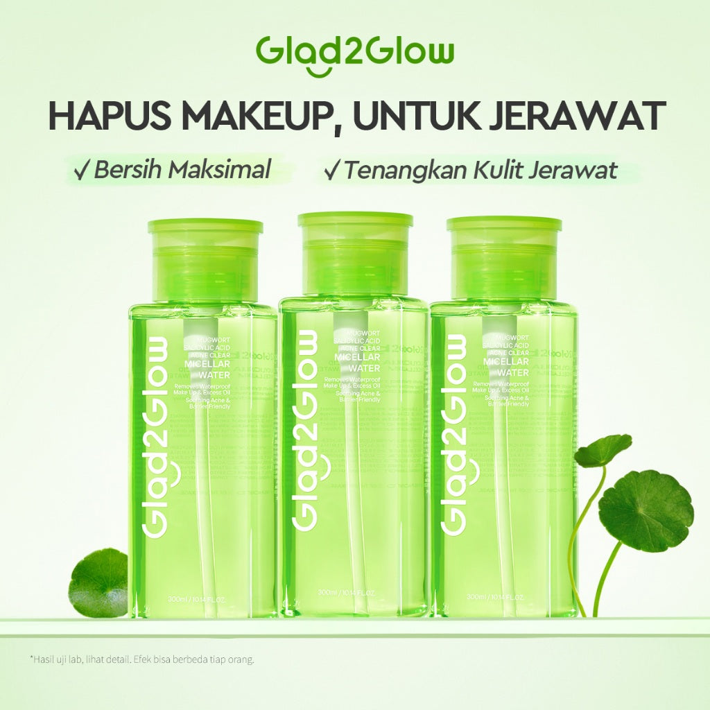 GLAD2GLOW Mugwort Salicylic Acid Acne Clear Micellar Water 300ml For Acne-Prone Skin/Panthenol Sensitive Care Pembersih Wajah Make Up Remover Cleansing Water Dan Oil-Control Hydrating Jerawat Control Membersihkan Makeup Waterproof g2glow official store