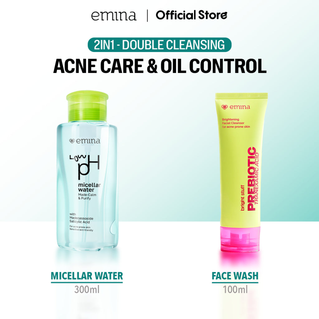 Emina Low pH Micellar Water  untuk Kulit Berminyak dan Berjerawat Sensitif 125ml & 300ml | Salicylic Acid Pembersih Wajah Gentle Makeup Remover Double Cleansing for Acne-Oily Prone Skin Oil Control Moisturizer Sunscreen Mencerahkan
