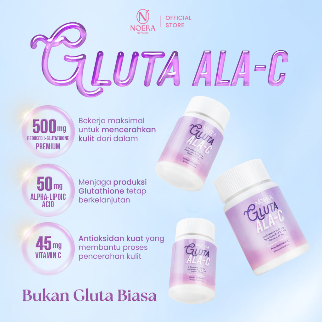 Noera 2 Pcs Gluta ALA-C | Noera Suplement Whitening L-Glutathione 500mg | Noera Whitening Capsule | L-Glutathione 500mg Alpha Lipolic Acid 50mg Vitamin C 45mg | Whitening Booster Suplemen Kecantikan