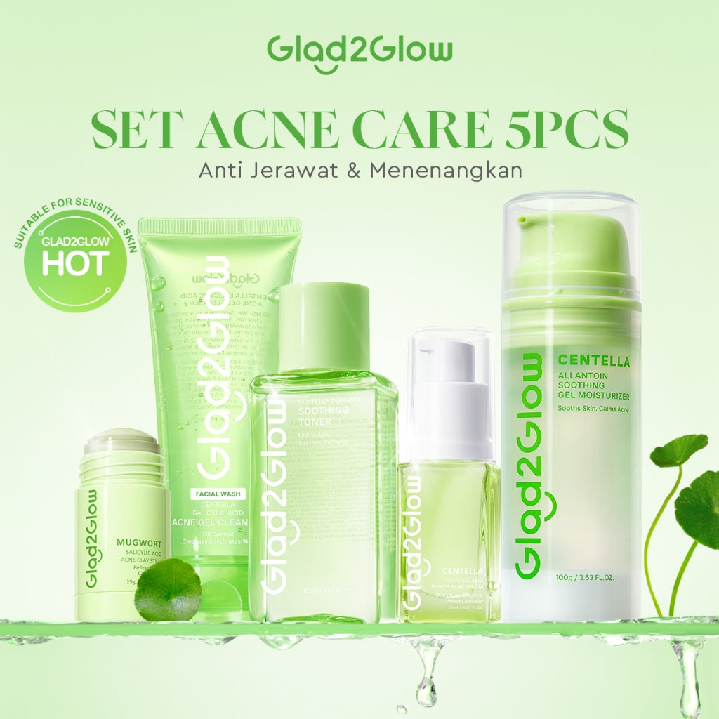 [ORDER NOW, HEMAT 50K]Glad2Glow Acne Jerawat Bundle 7in1 paket Centella madeca cream-Moisturizer+Serum+Cleanser+Toner+Clay Stick+Gel Skincare  Mask Menghilangkan Menenangkan kemerahan pada kulit Atur Minyak BerlebihMerawat Kulit g2glow official store