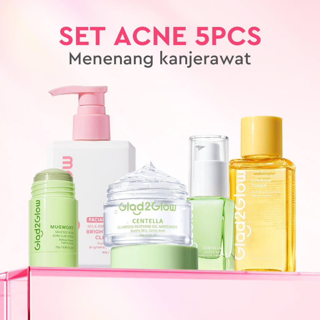 Glad2Glow bundle 5in1 paket Skincare- Moisturizer+Serum+Cleanser+Toner+ Clay Stick- Face Wash  Glowing Kit Dark Spot Acne Kit Mencerahkan warna kulit Menghilangkan jerawat Anti penuaan Mencerahkan bintik hitam Beauty Sets & Packages g2glow official store