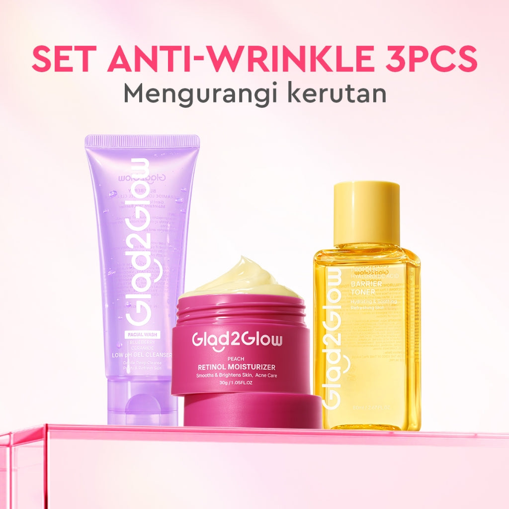 Glad2Glow Retinol Set All In 1 bundle paket Skincare-Moisturizer+Serum+Cleanser+Toner+ Clay Stick-peach moisturizer skin barrier Retinoid Memudarkan Garis Halus Memudarkan Kerutan Menghaluskan  merawat jerawat dan kemerahan g2glow official store