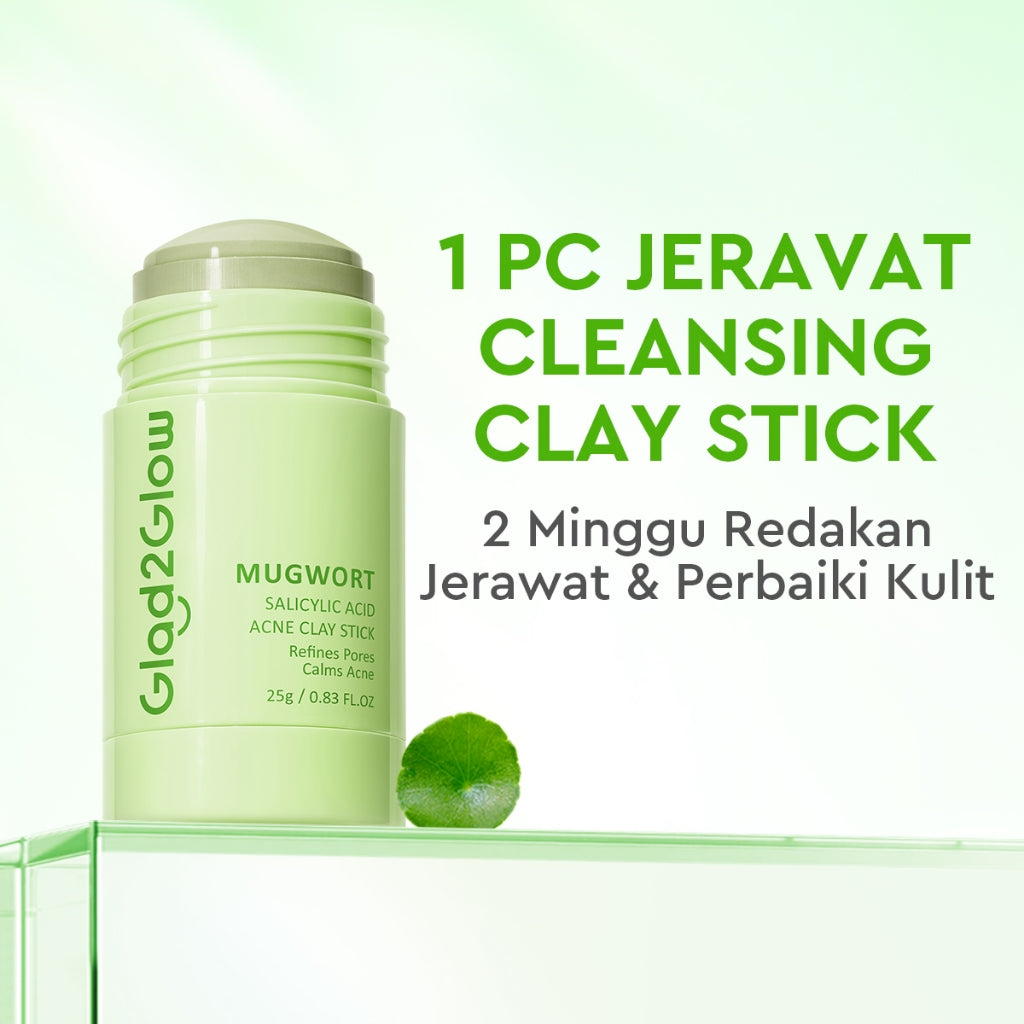 Glad2Glow Mugwort Salicylic Acid Acne Clay Stick Masker Wajah Masker Jerawat Masker Acne Masker Stick Glad2Glow Clay Stik G2G Masker Hijau Anti Pores Acne Jerawat Komedo Cleansing Masker Centella Mud Mask Facial Masker Mugwort Mask G2Glow Official Store