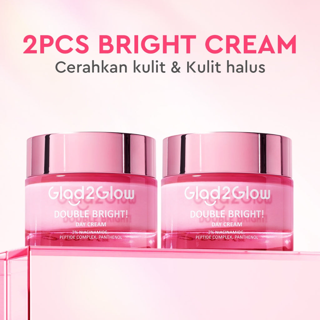Glad2Glow Double Bright Day Cream tone up cerah Niacinamide Moisturizer brightening wajah cream pemutih wajah day cream Night Cream whitening cream skincare glowing BB cream Mencerahkan warna kulit halus g2glow official store