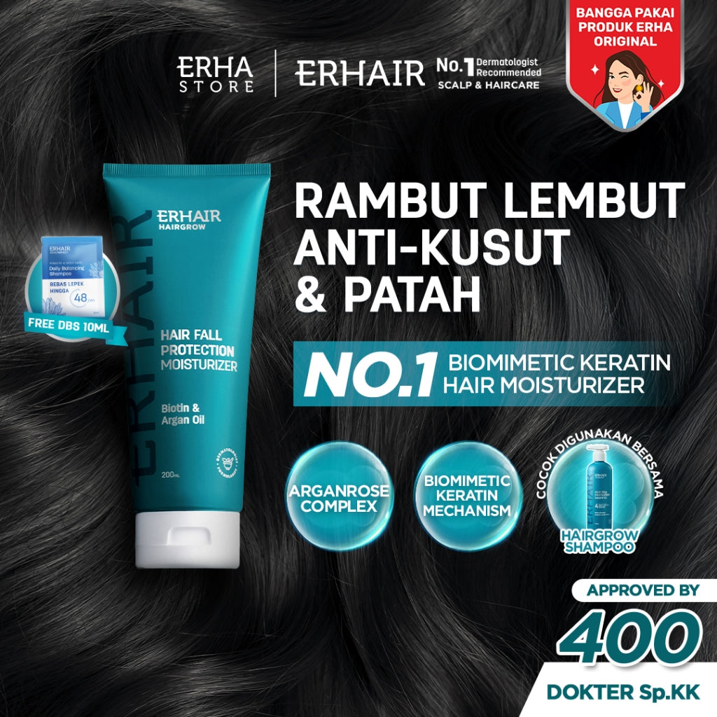 ERHAIR Hairgrow Hairfall Protection Moisturizer 200ml - Conditioner Rambut Rontok, Patah dan Kering | Anti Frizzy & Berkilau | Conditioner Anti Rontok | Biomimetic Keratin & Biotin