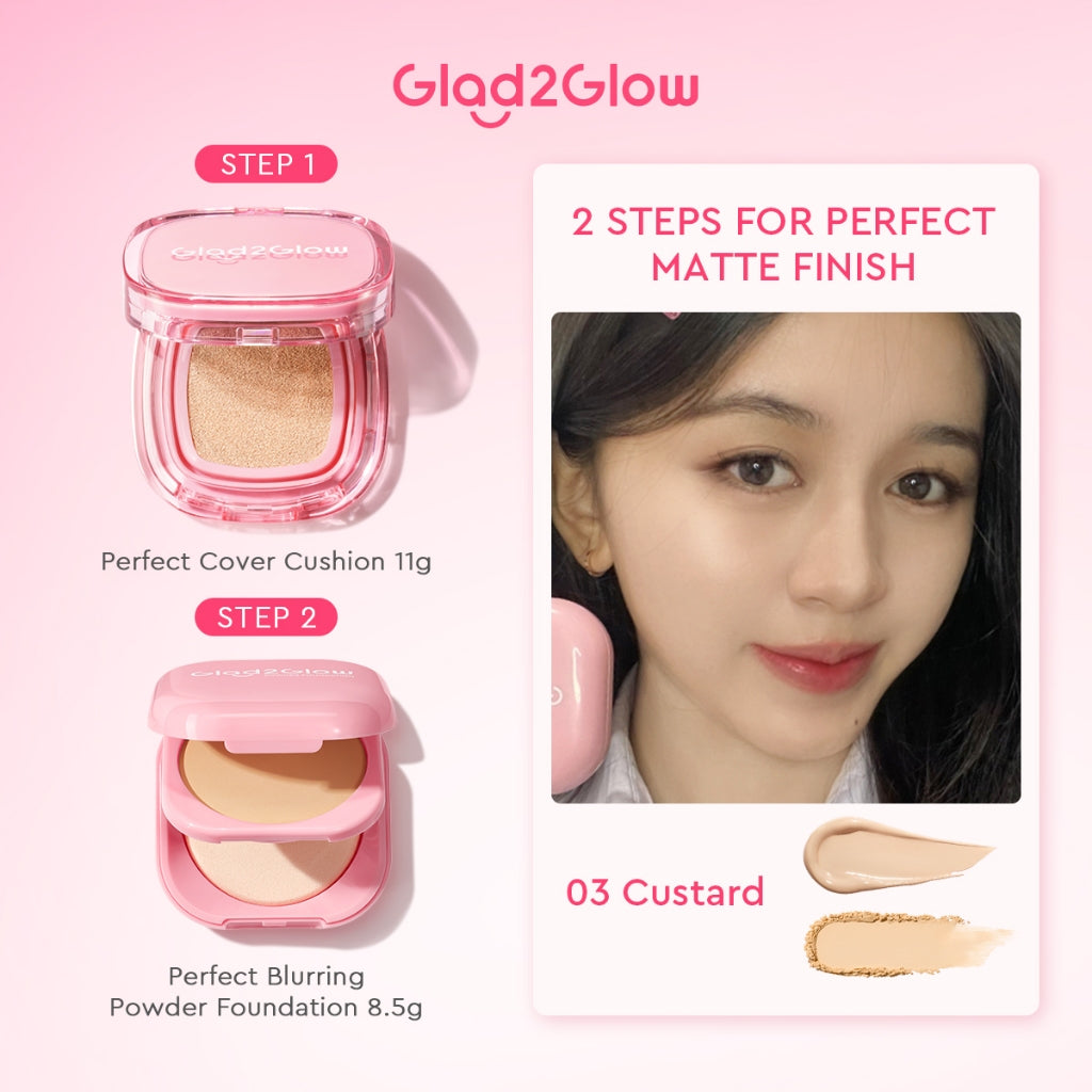 [ORDER NOW, HEMAT 35K]Glad2Glow Perfect Blurring Powder Foundation&Perfect Cover Cushion foundation  Setting waterproof Concealer Oil-Control matte Sweatproof Finish Poreless Highlighting Contouring Refill two way cake BB CC makeup g2glow official store