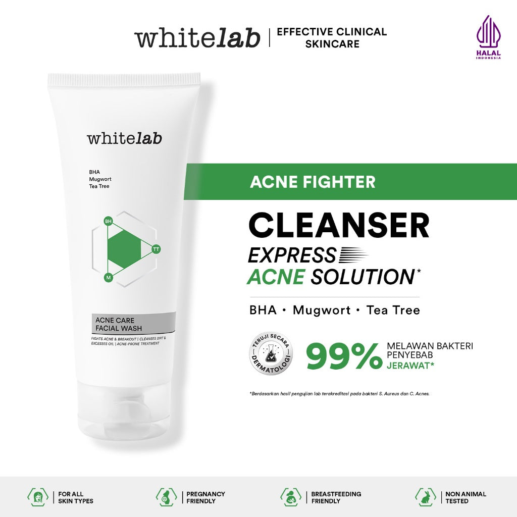 Whitelab Acne Care Facial Wash - Sabun Cuci Muka Untuk Kulit Jerawat Kontrol Minyak Berlebih Anti Bakteri dengan Mugwort, Tea Tree & BHA [BPOM]