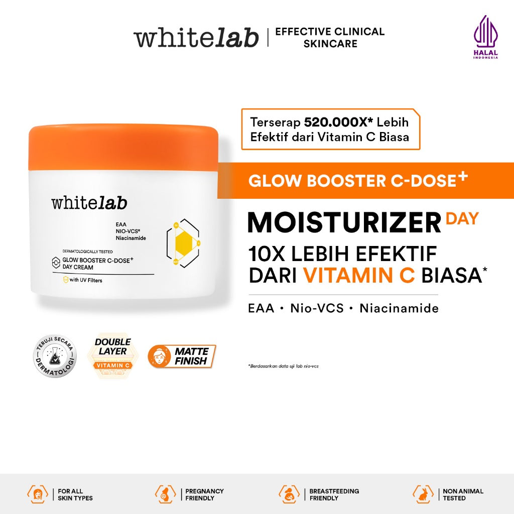 Whitelab Glow Booster C-Dose+ Day Cream - Pelembap Krim Pagi Pencerah Wajah untuk Kulit Kering dengan Niacinamide & UV Filter [BPOM]