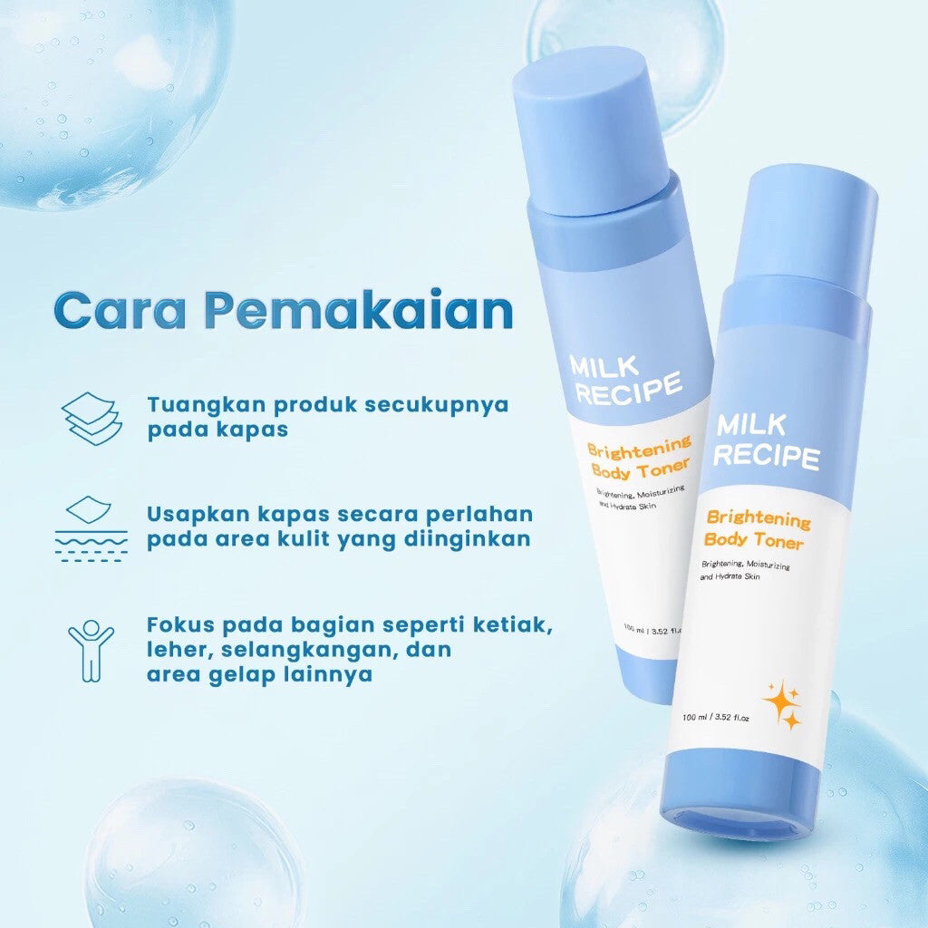 Milk Recipe Brightening Body Toner – Toner Pencerah badan pencerah ketiak pencerah leher body exfoliasi AHA & Niacinamide, Mencerahkan Leher & Siku, Kulit Belang & Gelap, Penghilang Noda Hitam & Bekas Jerawat Badan