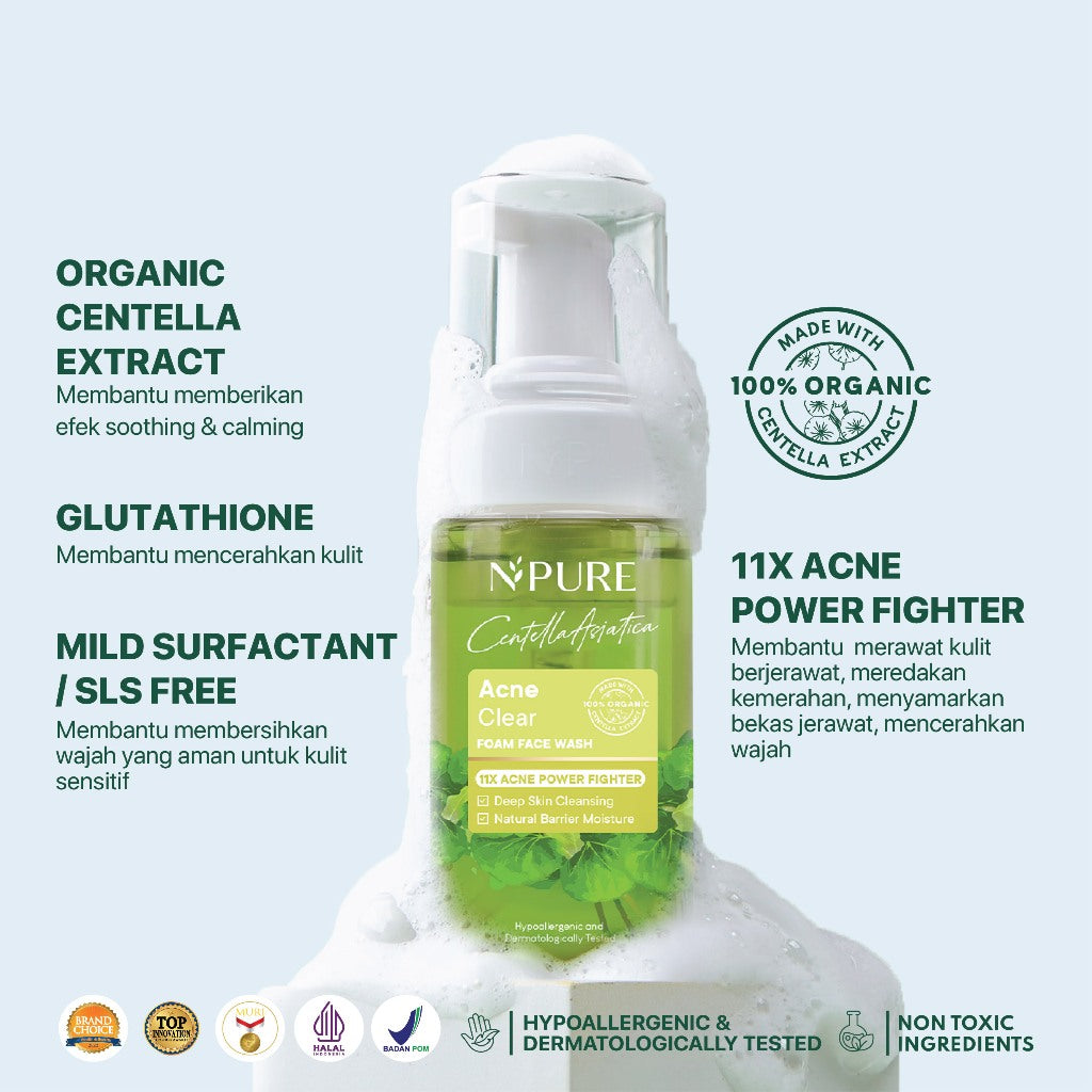 BUNDLE 6PCS - NPURE Micellar Water 300ml + Cica Facial Wash 100ml + Cica Toner 150ml + Cica Sheet Mask + Sunscreen Matte + Lip Glow Oil Rose Pink / paket kecantikan / skincare harian