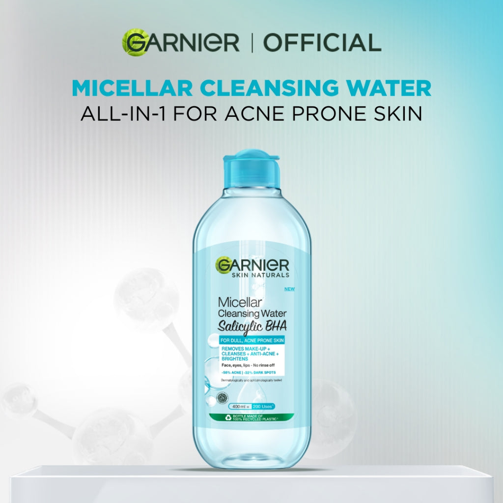 GARNIER Micellar Water Blue Salicylic Acid 400ml Skincare Cleansing - Skincare Pembersih Wajah & Make up untuk kulit berminyak jerawat Micellar Cleansing Water