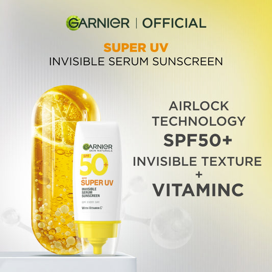GARNIER Super UV Invisible Serum Sunscreen SPF 50+ PA++++ Vitamin C Skincare - 30ml Sunblock Mencerahkan Wajah sunscreen spf 50 pa ++++