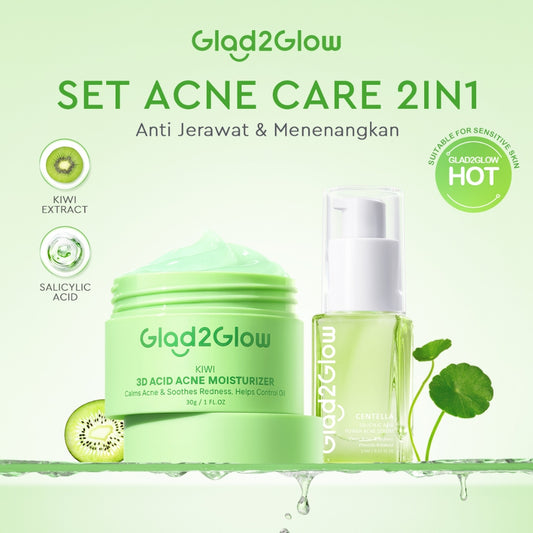 Glad2Glow Acne bundle 2in1 paket Skincare-Moisturizer+Serum+Cleanser+Toner+Skincare Set Beauty Sets & Packages Menghilangkan jerawat  Menenangkan kemerahan pada kulit Atur Minyak BerlebihMerawat Kulit g2glow official store