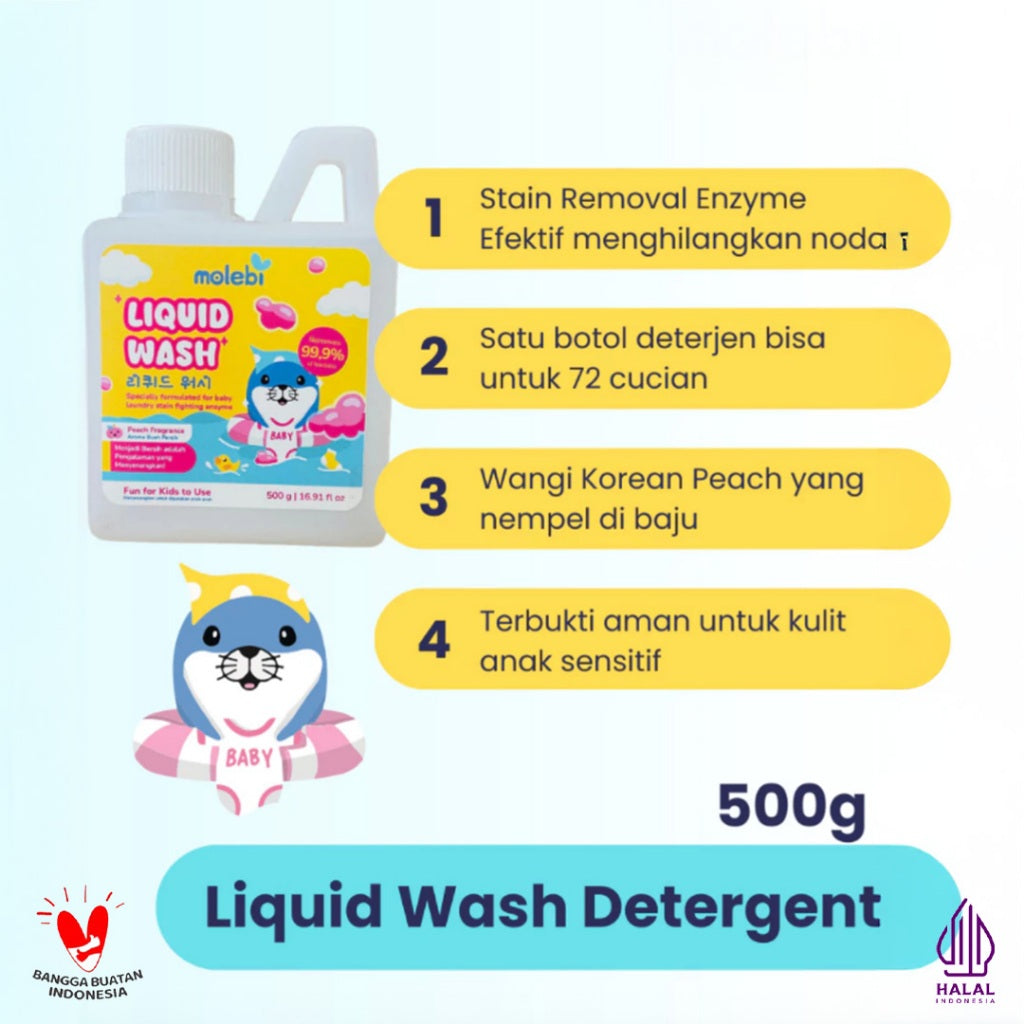 Molebi Detergen Baju Bayi / Liquid Wash Detergent 500g - Stain Fighting Enzyme, Lembut untuk Kulit Bayi
