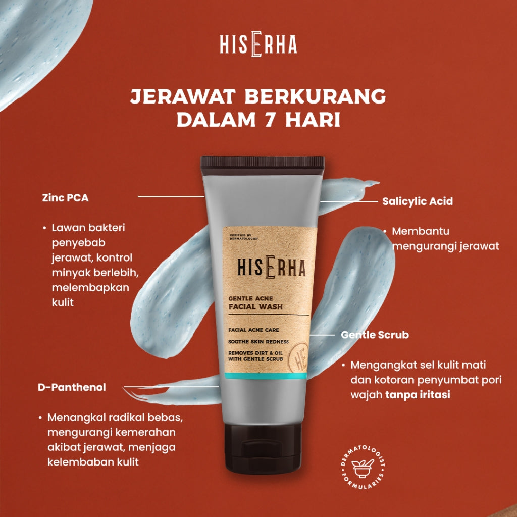 HIS ERHA Gentle Acne Facial Wash 100g - Sabun Cuci Muka Pria untuk Membantu Lawan Jerawat, Kontrol Minyak Berlebih, Lembap, Tanpa Rasa Ketarik, Tanpa Iritasi, Wangi Segar Maskulin, Verified by Dermatologist, Salicylic Acid, Zinc PCA, Gentle Scrub