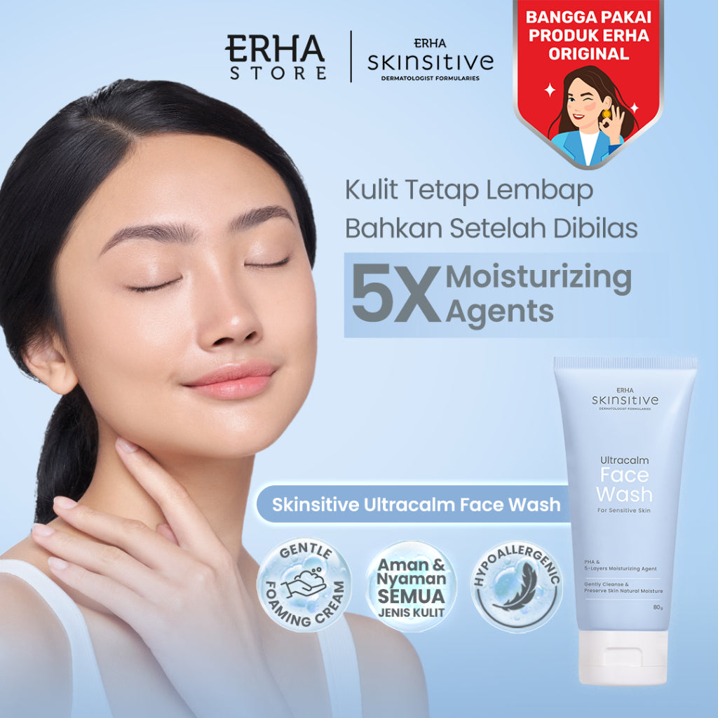 ERHA Skinsitive Ultracalm Face Wash 80g | Sabun Cuci Muka Semua Jenis Kulit (Normal - Sensitif) dengan Panthenol, Aloe Vera Extract | Melembapkan, Kulit Tidak Ketarik | PH Balance, Hypoallergenic, Gentle, Calming | Memperkuat Skin Barrier