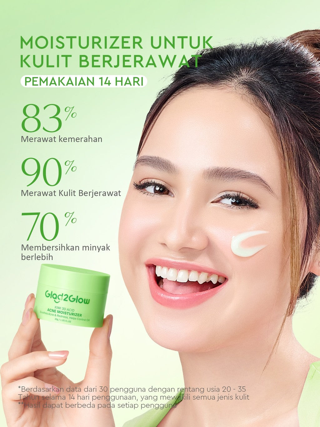 GLAD2GLOW Kiwi 3D Acid Acne Moisturizer Pelembab Wajah Jerawat Mencerahkan Pencerah Wajah&Penuaan Hilangkan Flek & Tenangkan Kulit Skincare Pelembab Esensi Wajah Perawatan Kulit Pelembab Wajah Pembersih day cream tone up g2g official store