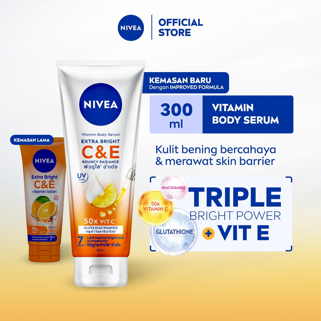 NIVEA Body Lotion Extra Bright C&E Vitamin Lotion 300ml - Handbody SPF serum UV Filter Thailand vitamin mencerahkan kulit kusam glowing brightening body care melembabkan kulit kering - 50x Vitamin C & E, Super Food, pelembap badan tone up kulit